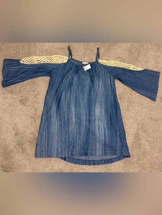 Umgee Tops - Umgee Blue Cold-Shoulder Denim-Look Tunic with Cream Crochet Sleeves
